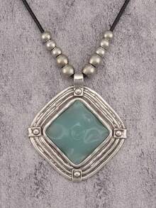 1pc Vintage Style Long Metal Necklace, Gold Square Metal & Pink Resin Pendant, Elegant Gift For Girlfriend, Daily Accessory - Wax Rope - View 3