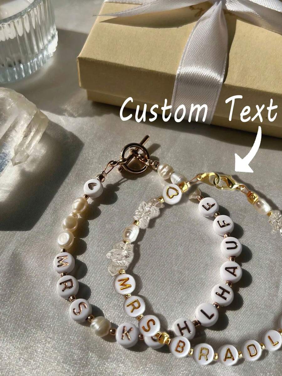 1pc Custom Letter Beaded Bracelet, Bride Wedding Bridesmaid Jewelry, White Beaded Friendship Bracelet, Party/Wedding Gift - Multicolor - View 1