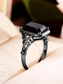 1pc Gothic Black Cubic Zirconia Square Ring, Suitable For Women Everyday Wear