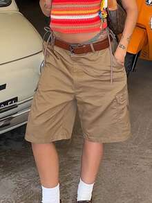 Women's 1 Piece Khaki Cargo Pocket Utility - Style Casual Shorts For Daily & Outdoor Activities In Summer - Khaki - View 2