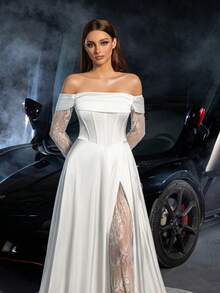 Off-The-Shoulder Lace Sleeve High Slit Wedding Dress | Classic Satin Fabric With Luxurious Train | Elegant Bridal Gown For Wedding Ceremony, Church Service, Red Carpet, Luxury Wedding Reception, Bridal Photoshoot - White - View 7