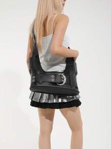 Large Capacity Tote Bag, Retro Girl Style, Fashion Shoulder Bag Motorcycle Bag, Commuter Bag, Black