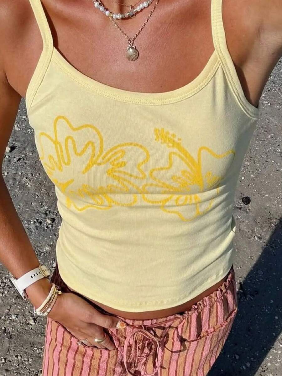 Women Y2k Flower Hibiscus Spaghetti Strap Tank Tops Sleeveless Backless Fitted Camisole Teen Girls Coastal Beach Cami Shirt - 黃色 - 查看 1