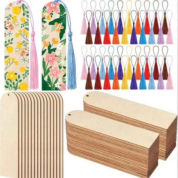 40/60 pezzi Segnalibri in legno grezzi fai-da-te, artigianato in legno, segnalibri tagliati al laser, pendenti in legno, etichette quadrate in legno (30 pezzi segnalibri + 30 pezzi nappine) Colori delle nappine casuali