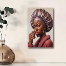 Framed Interesting African American Bathroom Canvas Wall Art, African Toilet Pinching Nose Poster, Humorous Smelly Woman Wall Decorative Poster