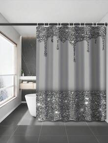 1/4pcs Silver Glitter Water Drop Design Shower Curtain Set, Polyester Fabric Printed Waterproof & Easy-Clean Bathroom Decor Set Includes Shower Curtain, Non-Slip Rug, Toilet Lid Cover, Bath Mat & 12pcs Plastic Hooks, Bathroom Dry/Wet Separation Curtain, Home Essentials, All Seasons Bathroom Accessories Back To School - 彩色 - 查看 7