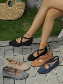 Zapatos de mujer de talla grande, de estilo vintage europeo y americano para la primavera/verano 2025, con puntera cuadrada, cuña baja, correa elástica cruzada y apertura baja