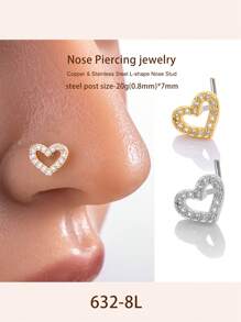Toppiercing 1pc Funky Stainless Steel Cubic Zirconia Heart Decor Nose Stud For Women For Daily Decoration Valentines