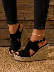 Velvet Button Decor Back-Strap Casual Rope Platform Wedge Women Shoes, And Lightweight - Black - View 2