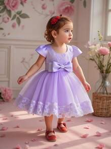Baby Girl Solid Color Floral Applique Bowknot Puffy Cap Sleeve Princess Dress, Suitable For Party And Holiday, Excluding Hair Accessories