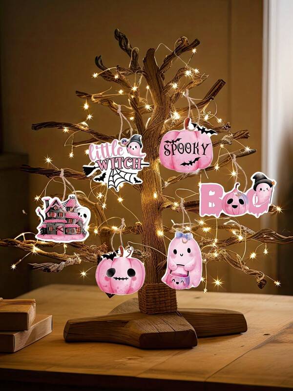 6pcs Halloween Pink Decorations Pendant Ghost Pumpkin Haunted House Castle Wooden Ornaments Halloween Party Decorations, Suitable For Halloween, Carnival, Christmas Holiday Party Decorations Accessories, Home & Window Decor, Door Decor, Room Decor(With Ropes)