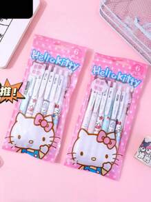 Set de 6 bolígrafos de agarre suave con motivos de dibujos animados, como Hello Kitty, Kuromi, Cinnamoroll y Pochacco, en color negro, adecuados para uso diario, decoraciones de fiesta, regalos de fiesta, regalos navideños y regalos de vuelta al colegio.