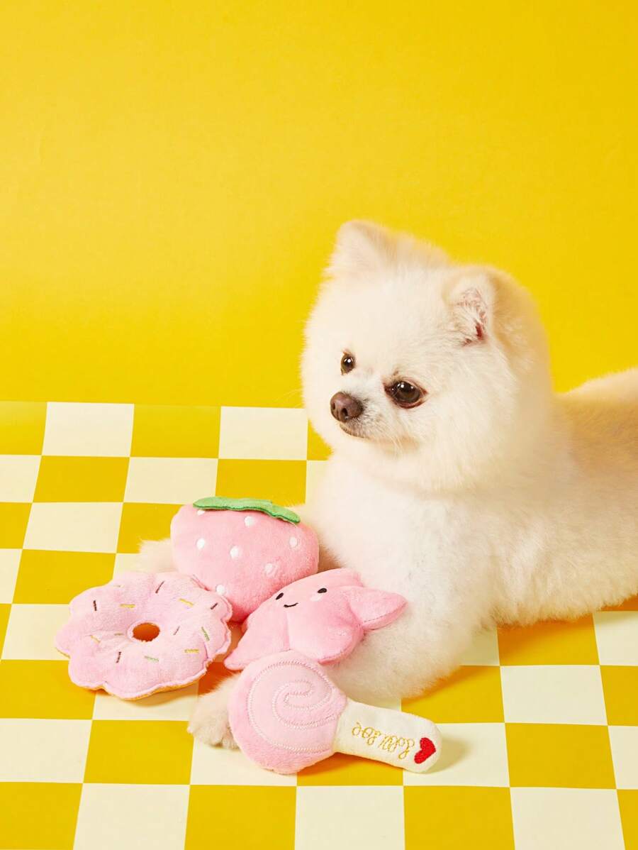 PETSIN 4 Peças Conjunto de Brinquedos de Pelúcia Fofos e Com Som para Cães e Gatos Pequenos - Designs de Pirulito, Estrela, Rosquinha e Morango - Brinquedos Interativos e Companheiros para Dormir, Brinquedos para Cães, Brinquedo de Roer para Cães, Suprimentos Interativos