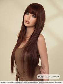 7JHH WIGS 34 Inch Extra Long Straight Raspberry Red Wig With Bangs - Super Long Natural Layered Wigs, High Quality Soft Synthetic Fiber Velvet Wine Burgundy Wigs For Women Daily Wear, Festival Ready Party Use, Mother's Day Gifts & Graduation Gift - Beginners Glueless Wig Accessories - 酒紅色 - 查看 3