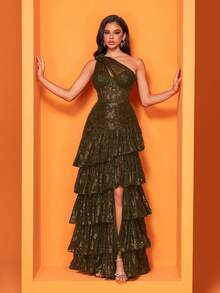 Women's Corset Fishbone Handmade 3D Flower Embroidered Sequin Slanted Shoulder Slit A Line Sexy Dress Adjustable Back Strap Suitable For Different Body ,Elegant Luxurious Long Dress For Women, Making Women Younger And More Charming, Suitable For Various Parties, Graduations, Weddings, Events And Various Banquets Dancing Parties, Formal Ball Gown Party Dress, Wedding Guest Dress ,Evening Dress(Deluxe Edition) - 橄欖綠 - 查看 1