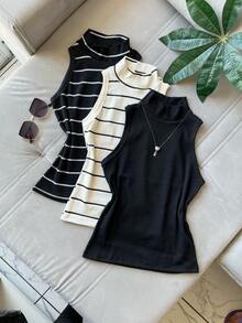 3 Pieces Tank Top Kit With High Neck Ribbed Fabric Striped Basic Long Tank Top Winter Fashion Color Block Cut And Sew Striped Casual Elegant Knitted Button - 套件 3 這就是原因 - 查看 1