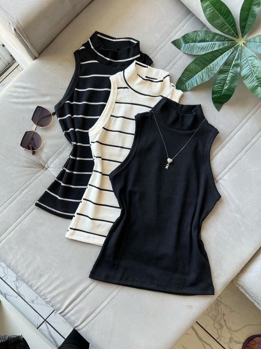 3 Pieces Tank Top Kit With High Neck Ribbed Fabric Striped Basic Long Tank Top Winter Fashion Color Block Cut And Sew Striped Casual Elegant Knitted Button - 套件 3 這就是原因 - 查看 1