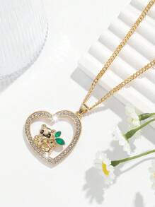 1pc Fashion Lovely Heart Shape Panda Pendant Necklace With Rhinestones, Suitable For Women Daily Wear And Gift