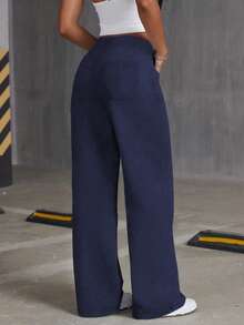 1pc Casual Loose Straight Pocket Pants, Suitable For Spring, Summer And Autumn - Navy Blue - View 3