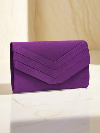 紫色女士晚装包 开口肩带链条斜挎包 天鹅绒信封设计手提包 手拿包