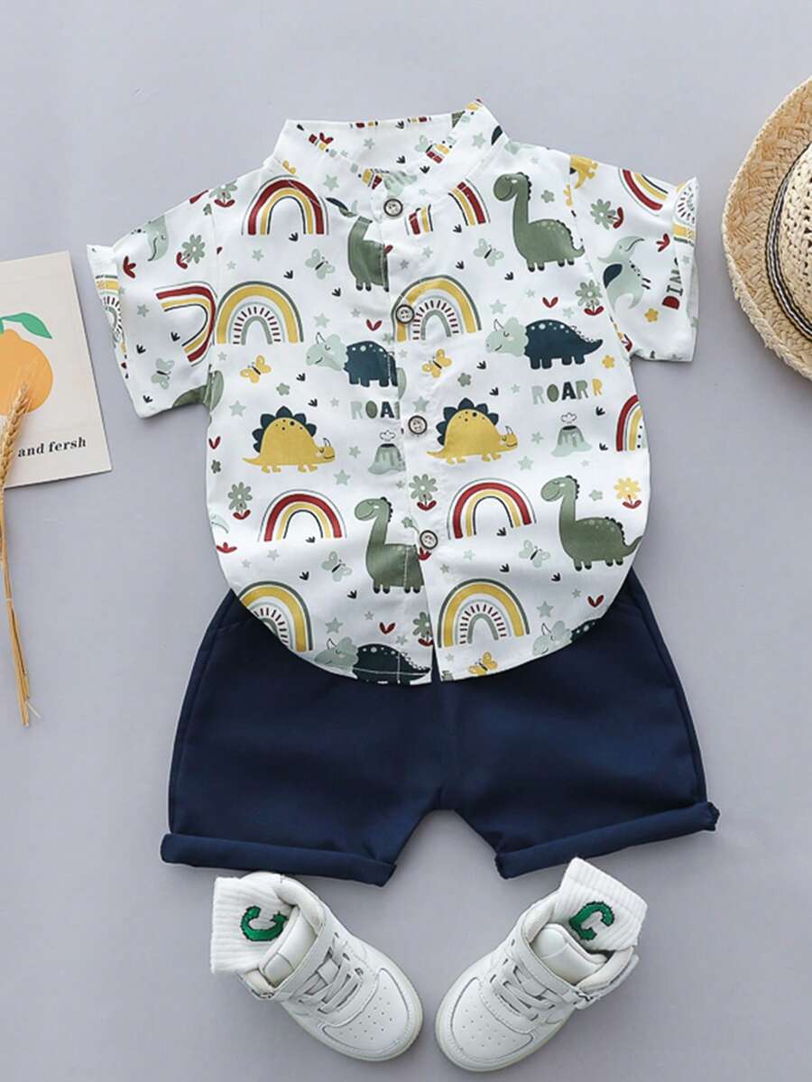Bộ áo sơ mi tay ngắn và quần short in hình khủng long ngẫu nhiên cho bé trai/bé mới biết đi, mùa hè - màu xanh lá - Xem 1