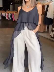 Women's Summer Fashion Solid Color Asymmetrical V-Neck Spaghetti Strap Sleeveless Long Top - Black - View 3