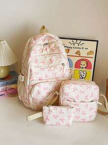 尼龙蝴蝶结印花背包套装，可折叠多口袋大容量防水拉链背包，适合高中生、大学生、女士、日常使用、通勤、旅行、情人节礼物
