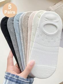 5 Pairs Women Solid Color Boat Socks, Invisible Silicone Non-Slip Breathable Hollow Out Thin Casual Socks