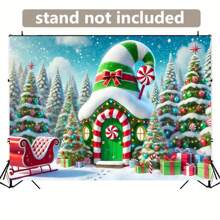 1 pièce Bannière de fond de maison en bonbon de Noël de 8 pi x 6 pi - design de canne de bonbon et de sapin de Noël, toile de fond de photographie en polyester durable pour fête intérieure/extérieure, anniversaire, événements de tailgate, sans électricité nécessaire, accessoire de studio de vacances toutes saisons, décoration saisonnière polyvalente, scène de Noël fantaisiste, qualité d'impression éclatante