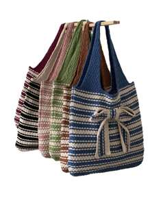 1 Peça Bolsa de Tricô de Grande Capacidade, Bolsa de Ombro Simples, Bolsa Transversal, Bolsa Estampa de Laço Dupla Cor Listrada Essencial para Sair, Viagem, Fotografia, Trabalho, Transporte de Roupas, Cosméticos, Pequenos Itens, Bolsa de Viagem, Adequada como Presente para Amigos, Família, Namoradas, Decoração de Quarto, Volta às Aulas, Itens Essenciais de Viagem