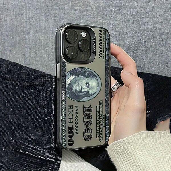 New Creative Style 100 Dollar Bill Pattern Phone Case, Shockproof And Anti-Drop, Suitable For Apple  7/7 Plus/X/XR/XS Max/11/12/13/14/15 Pro/Pro Max/Plus And Other Models, Black Creative Phone Case For Boys, Birthday Christmas Gift, Halloween Gift For Boyfriend, Father Or Friend ~ IMD Material - Black - Dollar Bill 050SC