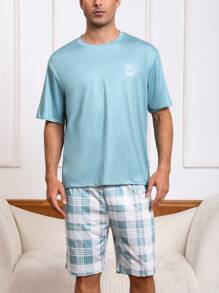 2pcs/Set Summer Lightweight Round Neck Short Sleeve Top With Plaid Print Shorts, Casual Stylish Pajama Set