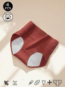 4 peças/pacote Calcinha Menstrual de Cintura Alta para Mulheres, Calcinha de Algodão com Entrepernas Extra Larga e Longa, Calcinha de Período de Cor Sólida, Tamanhos Plus Stretch XS-XXL