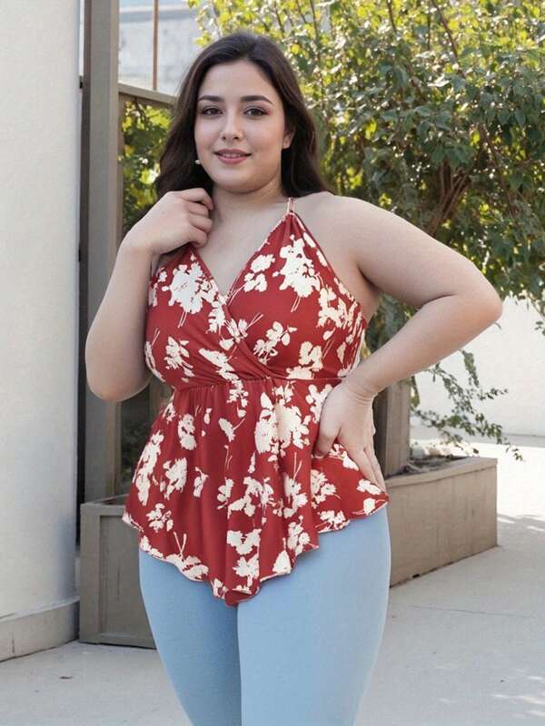 Women Sleeveless Halter Tops Summer Plus Size Floral Print Tie Up Backless Shirts For Streetwear