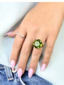 1pc Women's Elegant Green Cubic Zirconia Hexagon Ring, Suitable For Engagement, Valentine's Gift - 綠色 - 查看 2