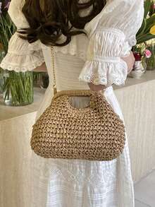 时尚编织草编手提包，优雅适合度假旅行，别致的顶部提手手提包，卡其色，轻便拉链袋 - 卡其色 - 查看 7