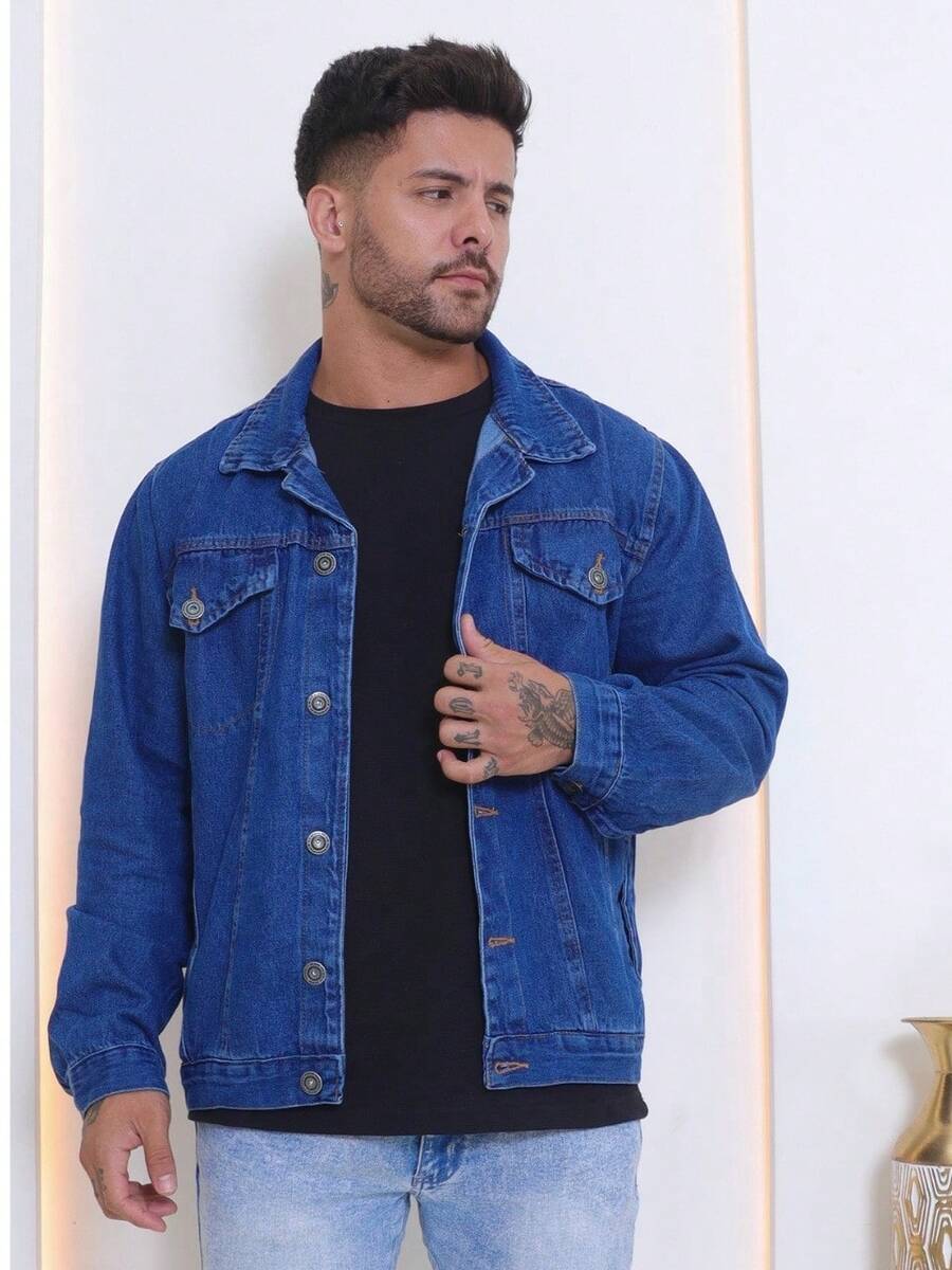 Men's Denim Jacket Men's Denim Jacket With Pockets - 普通深色洗滌 - 查看 1