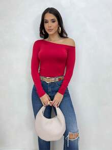 Women's Minimalist Asymmetric Shoulder Long Sleeve Slim Fit T-Shirt Top, Daily Wear, Fall/Winter - 紅色 - 查看 3