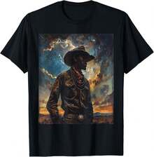 Joven vaquero retro occidental negro con sombrero, camiseta de arte melanina - Negro - Ver 1