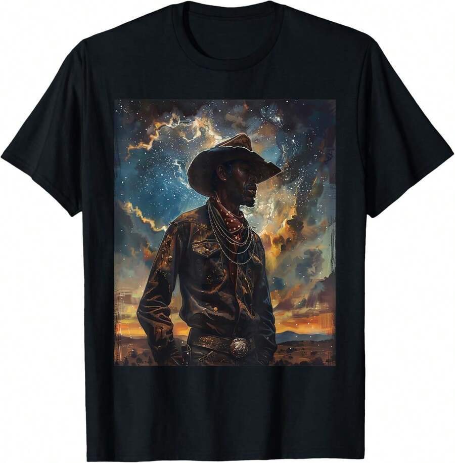 Joven vaquero retro occidental negro con sombrero, camiseta de arte melanina - Negro - Ver 1