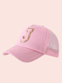 1 pièce Casquette en maille avec impression de 26 lettres rose pour enfant, casquette de baseball unisexe pour bébé avec visière, convient aux activités extérieures et à l'usage quotidien, protection solaire