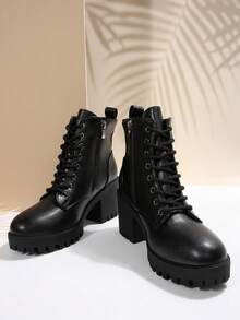 新款女士户外街头英伦复古刺绣经典翻领机车摩托车甜美朋克时尚百搭系带侧拉链厚底舒适靴 - 黑色 - 查看 7