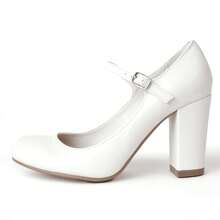 Women's White Wine Rose Gold Black Taupe Beige Grey Lipstick Natural Snake Mary Jane Pumps – Round Toe Ankle Strap Vintage Dress Heels [Size Up Half Size] - 白色 - 查看 6