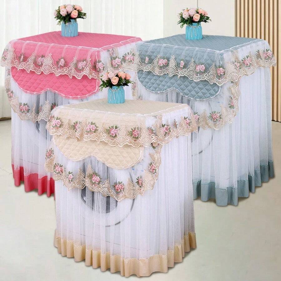 1PC Polyester Lace Automatic Washing Machine Dust Cover, Dust-Proof Universal Fit For 10kg Machines, Decorative Embroidered Floral Pattern Cover With Ruffled Organza Trim - Elegant Home Appliance Protection
