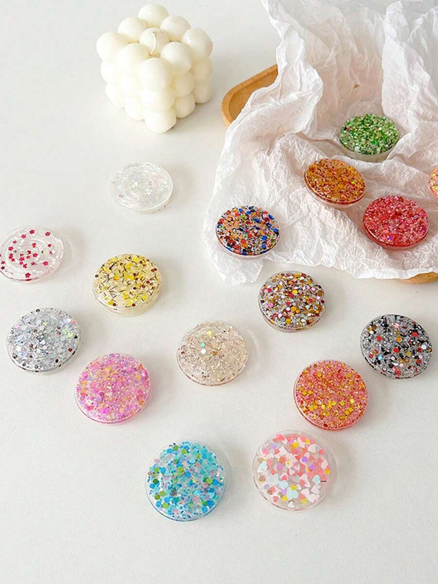 1 件圆形闪光简约桌面手机支架，手机气垫支架，粘性可伸缩亮片支架，兼容 、Android 手机，生日、家人、朋友礼物，推拉式手机握把，手机配件 - 彩色 - 查看 1