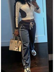 2pcs/Set European Style Women's Striped Colorblock Zipper High Waist Drawstring Pants Suit, All Season