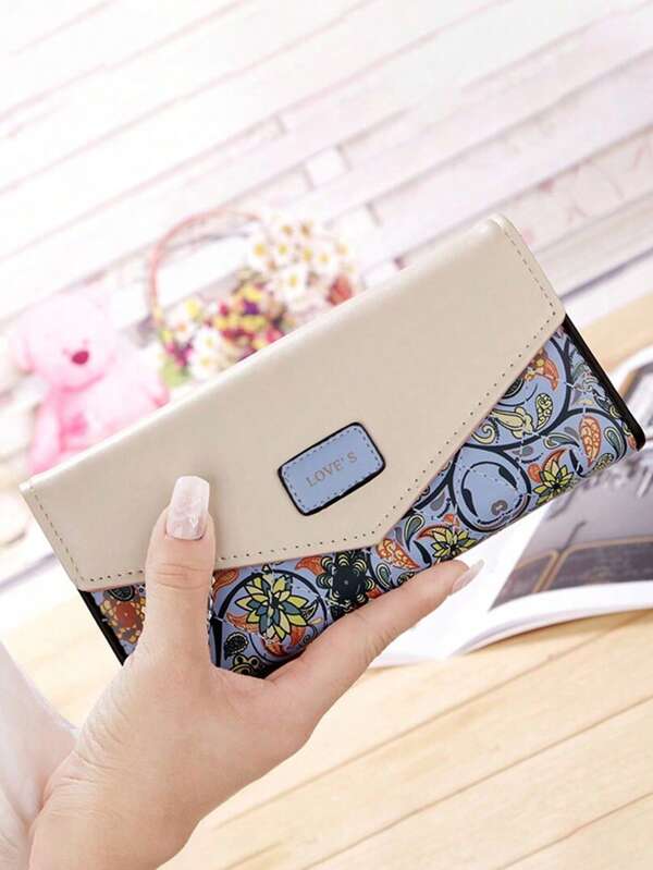 Versión coreana de cartera larga de mujer con estilo de sobre, patrón floral diminuto y contrastante, cierre de color, cartera de embrague para mujer