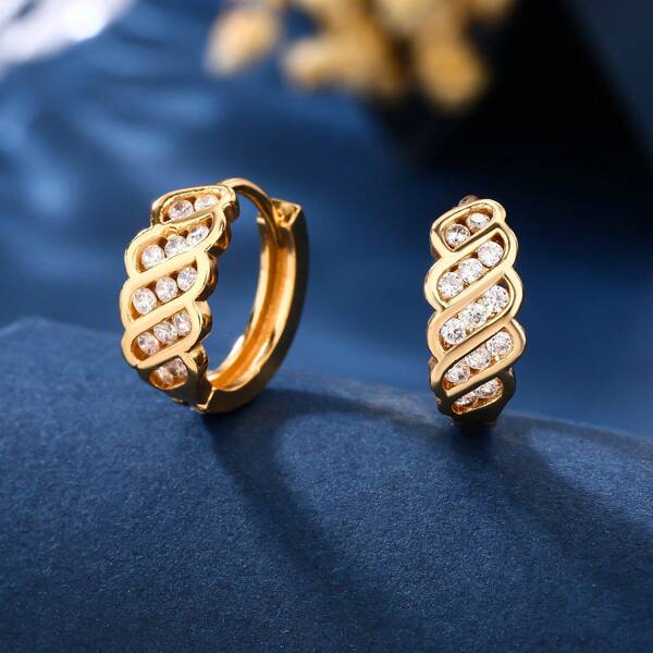 1 Pair Retro French Style Rhinestone Encrusted Gold-Tone Hoop Earrings, Fashionable Gift For Women, Suitable For Everyday Wear
