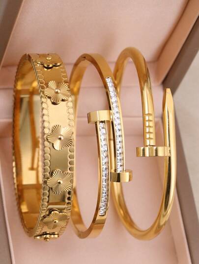 3pcs/1pc Fashion 18K Gold Plated Stainless Steel Four-Leaf Clover Nail Bracelet, Suitable For Women's Party, Daily Wear, European And American Style, Personalized, Generous, Luxury Cubic Zirconia Wristband, Wedding Jewelry Set, Gift For Girls, Women, Relatives, Friends, Beautiful Wedding, Birthday, Valentine's Day