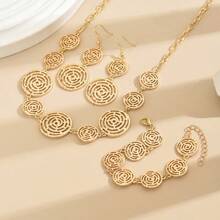 4 peças/Conjunto Conjunto de Joias Pulseira, Colar e Brincos com Elos Circulares Ocos em Estilo de Teia de Aranha Elegante e da Moda, Adequado para Mulheres como Presente, Férias e Uso Diário